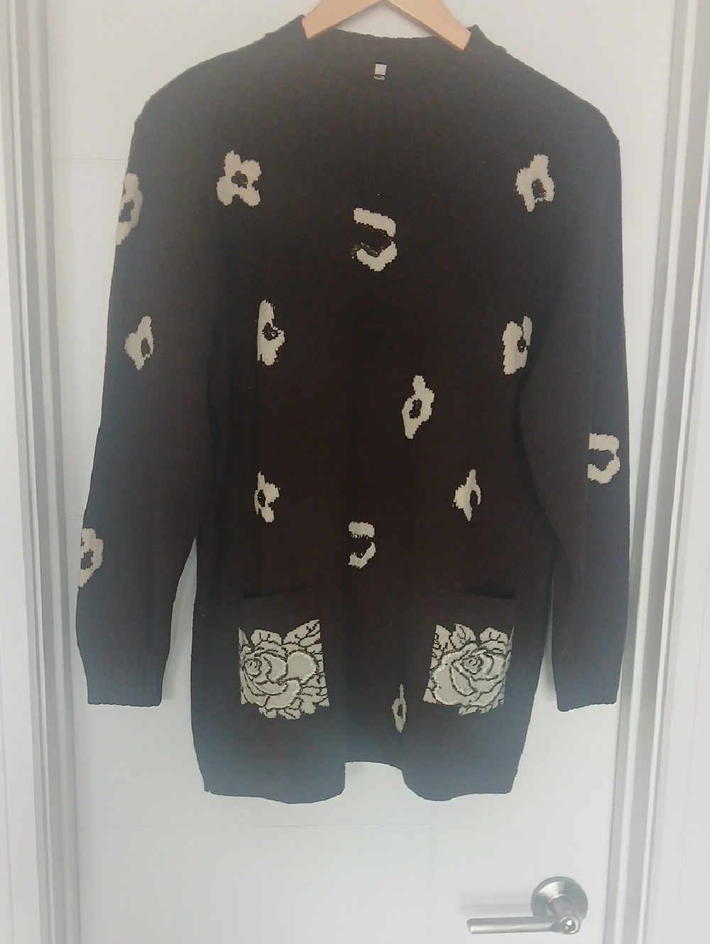 Brown Floral Pocket Crewneck Sweater